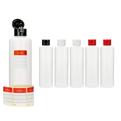 Immagine di Octopus 6 flaconi di plastica 2250 ml, bottigliette HPDE con tappo flip top variopinti, bottiglie a cerniera colorati, rotonde etichette adesive