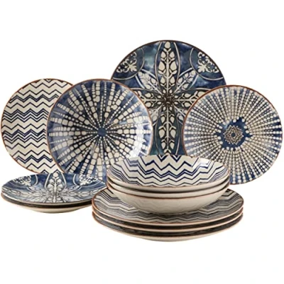 Immagine di MÄSER 934017 Iberico Blue Servizio da tavola 12 pezzi per 4 persone in stile moresco Set di piatti con diversi motivi vintage bianco e blu, gres
