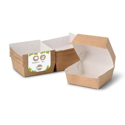 Immagine di BIOZOYG Take Away Burger Box 75 pezzi I Scatole per hamburger con coperchio incernierato in cartone di fibra fresca Imballaggio resistente ai grassi marrone bianco 11,5 x 10,5 8 cm Riciclabile