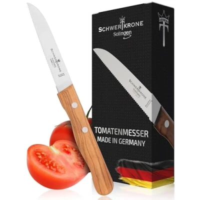 Immagine di coltello per verdure con lama seghettata, manico in legno, pomodori seghettato, sbucciare, legno di ulivo, inossidabile
