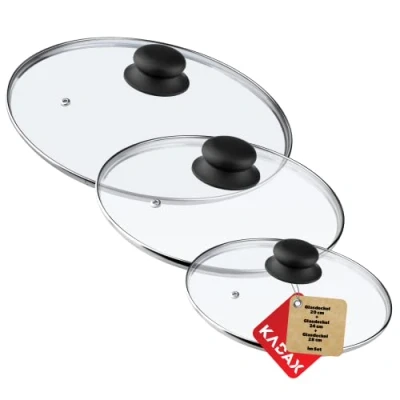 Immagine di KADAX Set di coperchi in vetro, diametro 14 30 cm, coperchio resistente al calore per pentola, padella, con manico plastica, universale (20 + 24 28 cm)