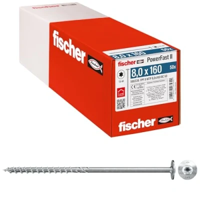 Immagine di Fischer PowerFast II 566336 Vite per elevatori a tazze 8 mm 160 Interno multidentato Acciaio galvanizzato zinco 50 pz.