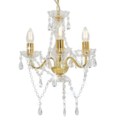 Immagine di vidaXL Lampadario con Perle di Cristallo Rotondo 3 Lampadine E14 Lampada Soffitto Luce Pendente Base in Metallo Dorato Gocce Acrilico Trasparente