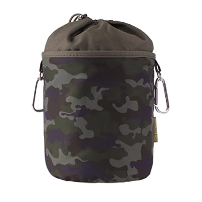 Immagine di Borsa per mollette di design portatile da appendere in cotone con 2 robusti moschettoni, chiusura a cordoncino e tappo metallo riporre mollette, mimetico, Mimetico