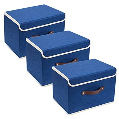 Immagine di TYEERS Scatole Portaoggetti Tessuto, Lavabile, con Coperchio Pieghevole, 38x25x25 cm, Set di 3, Blu Classico