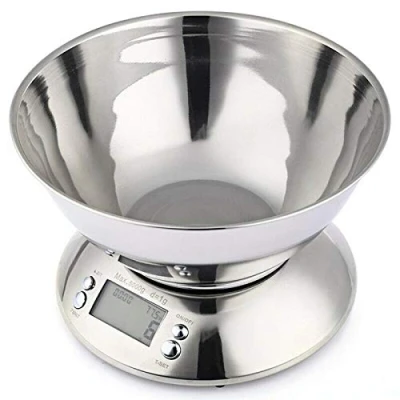 Immagine di POWERTOOL Bilancia digitale da cucina, in acciaio inox, con ciotola rimovibile, display LCD 5000 g/1 g, funzione tara, sensore di temperatura e allarme timer