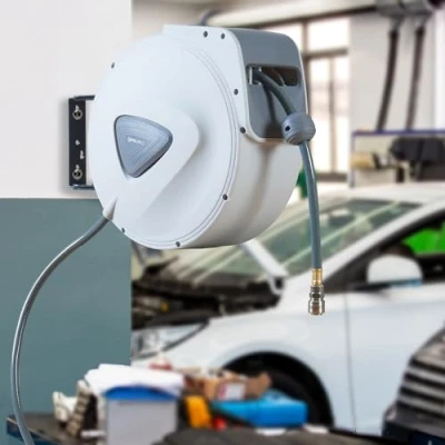 Immagine di pro.tec Avvolgitubo Automatico ad Aria Compressa con Tubo da 30+2 m Arrotolatore Montaggio a Muro Staffa Rotazione di 180 Collegamento 1/4&quot; Bianco