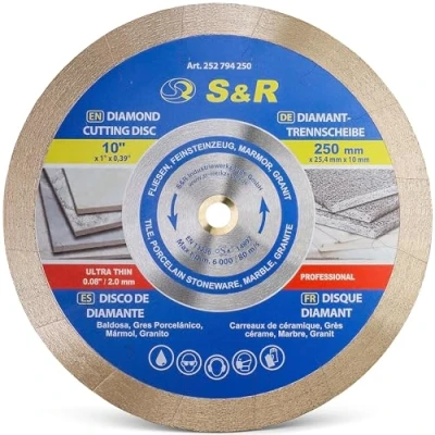 Immagine di S&amp;R disco diamantato 250 x 25,4 10 mm (1,6 extra sottile), da taglio per Gres fine, Piastrelle, Porcellana, Ceramica, Granito, Marmo, sega banco e tagliapiastrelle