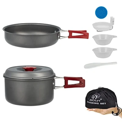 Immagine di Bulin Set Di Pentole Da Campeggio, 7 Pezzi, Per 1 2 Persone, In Alluminio, Con Pentola, Padella Pieghevole, Hiking, Trekking, Escursionismo