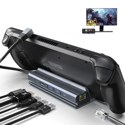 Immagine di Qhou Steam Deck Docking Station 6 in 1 Station, HDMI 2.0, 4K@60Hz, Gigabit Ethernet, 3 porte di ricarica USB C, compatibile con Valve Deck, TV, Switch