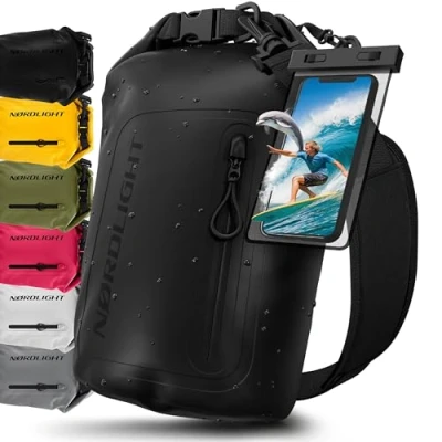 Immagine di Nordlight Dry Bag Sacca Impermeabile + Custodia per Cellulare Chiusura Arrotolabile, Tracolla Zaino Stagna Borsa Spiaggia, Canoa, SUP, Immersioni Nero, 10 Litri