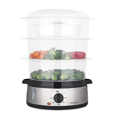 Immagine di Vaporiera elettrica H.Koenig VAP10 in acciaio inox, multifunzione, 9L, programmabile, compatto, 3 cestelli impilabili e rimovibili per uova/verdure/riso/pesce, timer 60 min