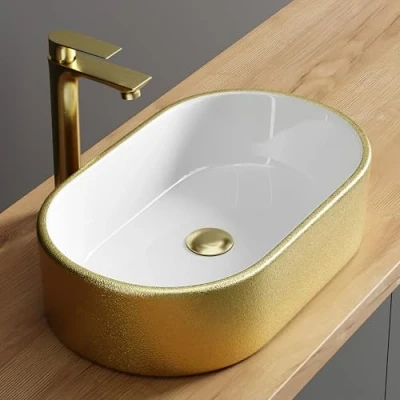 Immagine di Planetmöbel Aquil Elegante Lavabo ovale da appoggio per bagno e WC degli ospiti a mano senza foro rubinetto troppopieno Oro bianco, 55 x 34 14 cm