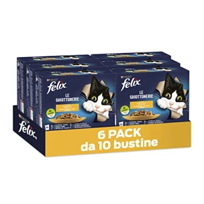 Immagine di Purina Felix Le Ghiottonerie Cibo Umido per Gatti con Platessa, Tonno, Coniglio e Pollo, 60 buste da 85g