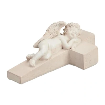 Immagine di Relaxdays Statuetta Angelo Custode sulla Croce, Statua Commemorativa Resistente al Gelo, per Giardino, Poliresina, Crema, 9 x 12,5 21 cm
