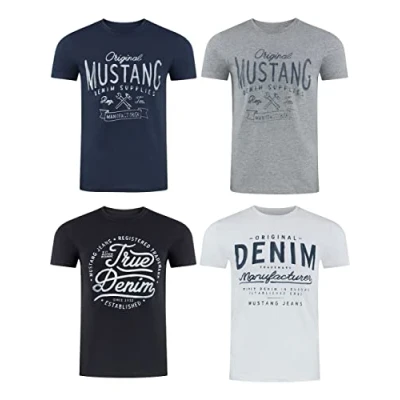 Immagine di Mustang, Confezione da 4 Magliette Uomo con Stampa Frontale e Scollo Rotondo, Colori Assortiti Blu Nero Mix di (P9). XXL