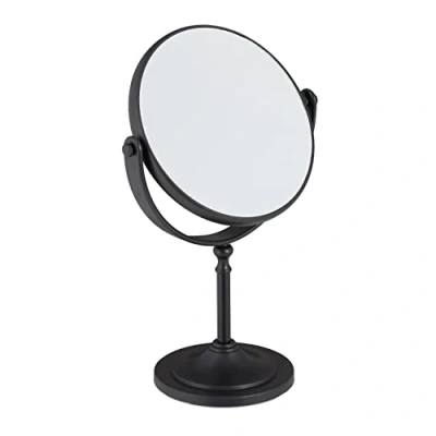Immagine di Relaxdays Specchio da Trucco, Ingrandimento 2X, Specchietto a 2 Lati, Girevole 360, Tondo, HLP 27,5x18x10,5 cm, Nero, 60% plastica 30% Vetro 10% Ferro, 1 pz
