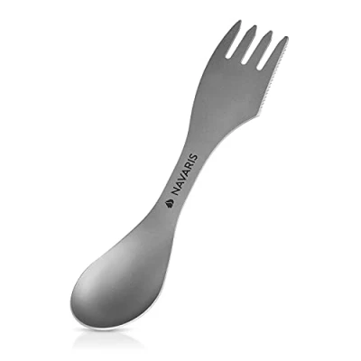 Immagine di Navaris Posata da Campeggio 3 in 1 Titanio Spork Forchetta Coltello Cucchiaio Ultra Leggero per Camping Trekking Picnic Custodia Inclusa