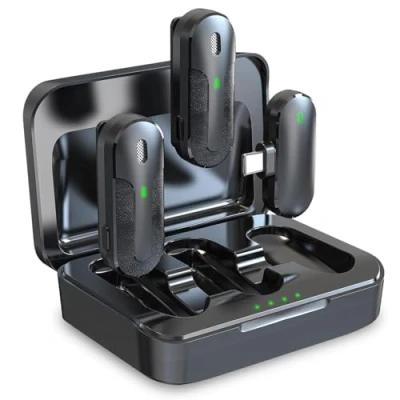 Immagine di Technaxx TX 301, un set doppio di mini microfoni wireless 2 lavalier con riduzione intelligente del rumore, ricevitore USB C, custodia ricarica, clip on ideale per podcasting