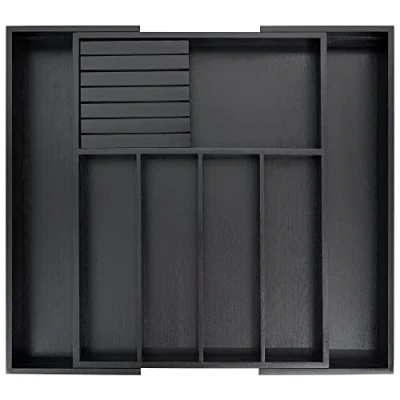 Immagine di VaeFae Organizer per cassetti in bambù posate da cucina, porta utensili espandibile e vassoio con divisore, contenitore 33 a 54,9 cm ceppo rimovibile coltelli (nero)