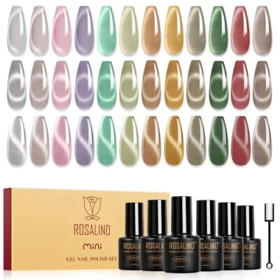 Immagine di ROSALIND Smalto Semipermanente Unghie Magnetico, 12 Colori Argento Rosa Viola Verde Marrone Rosso Jelly Crystal Cat Eye Smalti Semipermanenti per Unghie, Soak Off UV/LED Gel Manicure Regalo