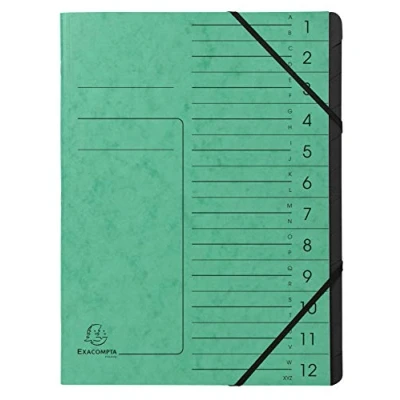 Immagine di Exacompta 541203EClassificatore spillato con elastici 12 scomparti interni in carta riciclata nera. Archiviazione di documenti A4 Verde