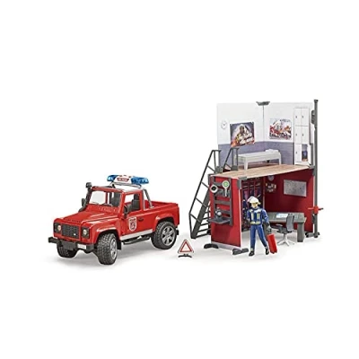 Immagine di bruder 62701 Stazione dei pompieri bworld con Land Rover Devender, pompiere, modulo luci e suoni