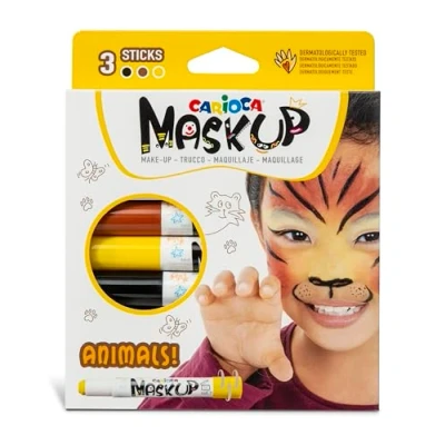 Immagine di Carioca Mask Up Animals, Truccabimbi Kit per Bambini e Bambine, Trucchi la Pelle in Stick Ideali Natale, Halloween, Carnevale Feste 3 Colori 2 Tutorial Dermatologicamente Testati