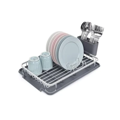 Immagine di Amig Scolapiatti Ezzik 41,7 x 28,7 6 cm Alluminio e Plastica Colore Grigio con Vassoio di Sgocciolamento Supporto per Posate Capacità 8 Piatti, Bicchieri