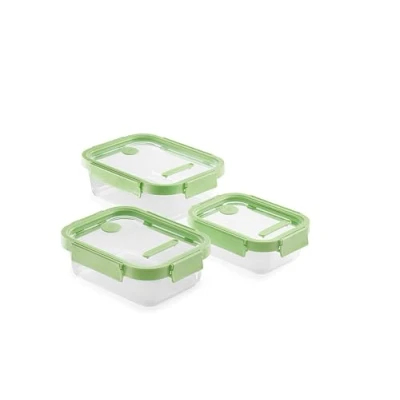 Immagine di Lekue Set di 3 contenitori rettangolari ermetici per alimenti, in vetro, colore: verde