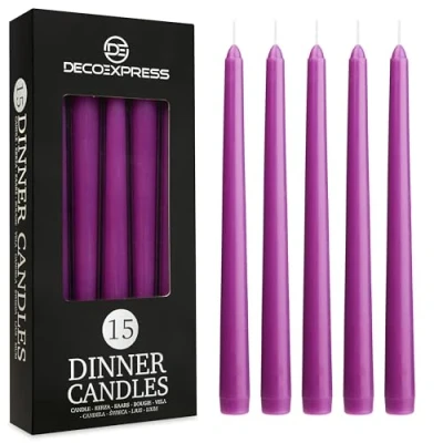 Immagine di Candele Lunghe Bianche e Colorate Pacco da 6/10/15/50 8 Ore Lunga Durata per Candelabro Eleganti Cena Festività (Viola 15)