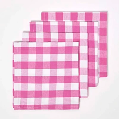 Immagine di Homescapes Set di 4 tovaglioli in cotone 100% con bordi rifiniti a mano e stampa quadri, facili da pulire lavabili lavatrice 60 C, 45 x cm, colore rosa/bianco