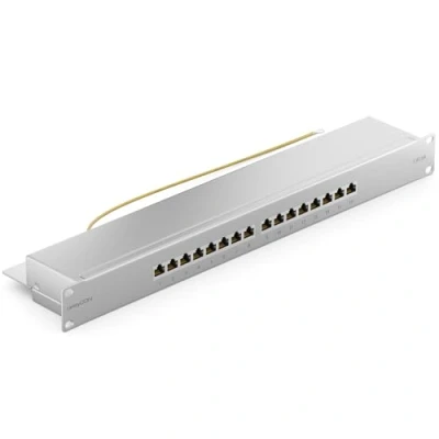 Immagine di deleyCON CAT6a Patch Panel 16 Porte del Desktop 19&quot; Pollici Montaggio Rack Assemblaggio Server 16x RJ45 Schermato TIA568A TIA568B Grigio Chiaro