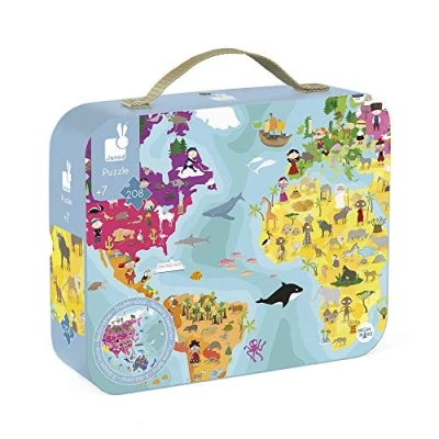 Immagine di Janod Puzzle per Bambini Mondo 200 Pezzi Fronte Retro Gioco Didattico Geografico Sviluppo della Motricità Fine e Concentrazione Dall&#039;Età di 7 Anni, J02655