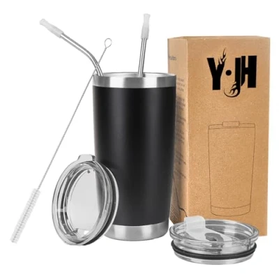 Immagine di Y·JH 20oz (550ml) Bicchiere da viaggio Tazza caffè a doppia parete isolata sottovuoto in acciaio inossidabile con 2 coperchi antispruzzo, cannucce, senza BPA Nero