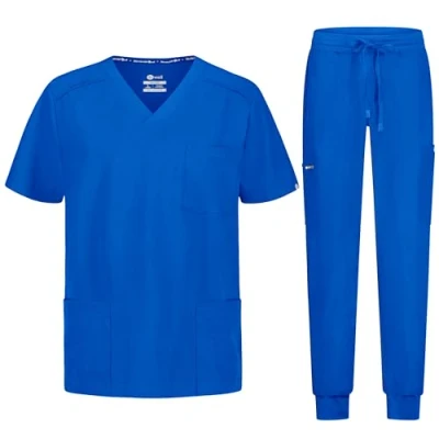Immagine di B well MATTEO Divisa Sanitaria Uomo Elastica Uniforme Set con Casacca e Pantalone Jogger Divise Sanitarie Spandex, blu reale, 3XL