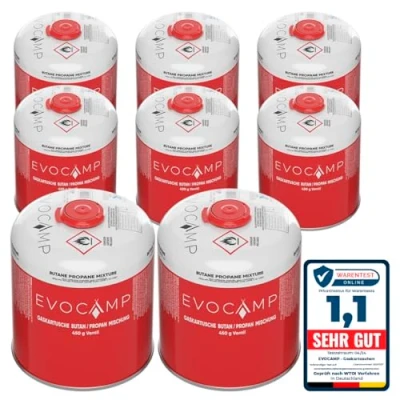Immagine di EVOCAMP Cartuccia di Gas propano butano da 450g, a Vite con Filettatura Europea 7/16&quot;, bombola valvola 809ml, bombolette Utilizzabile per Griglie Weber (8X)