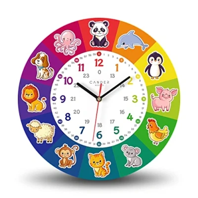 Immagine di Cander Berlin MNU 7930 T Orologio da parete per bambini, silenzioso, 30,5 cm, in MDF, analogico, ragazzi, ragazze, cameretta dei senza ticchettio, motivo: animali colorati