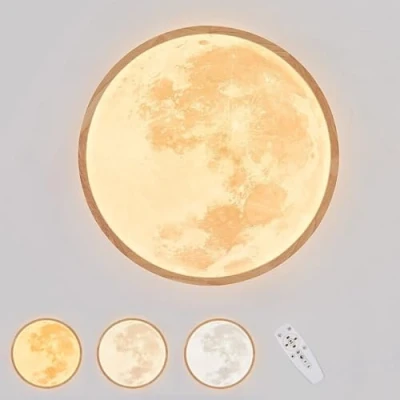 Immagine di EOEO Lampada da Parete a LED Camera dei Bambini Dimmerabile con Telecomando Applique Luna Look Legno Moderna Luce Deco 3D Notturna Letto Rotonda,50cm