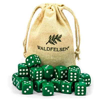 Immagine di Waldfelsen 6, 12, 20, 30 o 50 dadi di alta qualità, dimensioni standard 16 mm, acrilici, da gioco, 6 lati, set accessori gioco con sacchetto stoffa (verde, 20 pezzi)