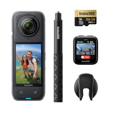 Immagine di Insta360 X4 Pack GPS Action Cam 360 8K Impermeabile, Video Grandangolari in 4K, Selfie Stick Invisibile. Protezioni Lenti Rimovibili, Autonomia Batteria 135 min, Editing IA, Stabilizzazione
