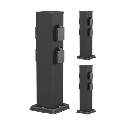 Immagine di ledscom.de 3 prese da giardino a colonna POLLY per esterni, IP44, 4 vie, acciaio inox, nero, quadrato, 40 cm