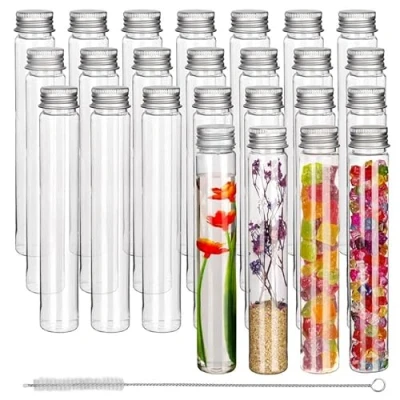 Immagine di Kurtzy Provette Plastica con Tappo a Vite e Spazzola Pulizia (25pz) 110 ml Boccette di Trasparenti Riutilizzabili Bomboniere Portaconfetti Caramelle per Feste, Sali, Perle, Fiori