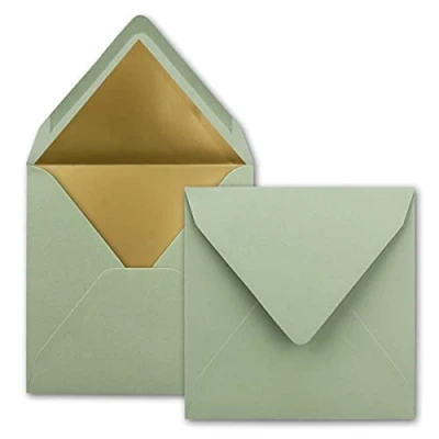 Immagine di 50x buste quadrate 15,5 x cm Colore: eucalipto (verde) foderato con carta metallizzata oro Incollaggio a umido per inviti e saluti cari