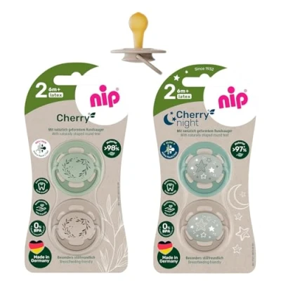 Immagine di NIP Cherry Set di 4 ciucci rotondi (2 x 2), misura 2 (6 M + Green Night Luminoso)