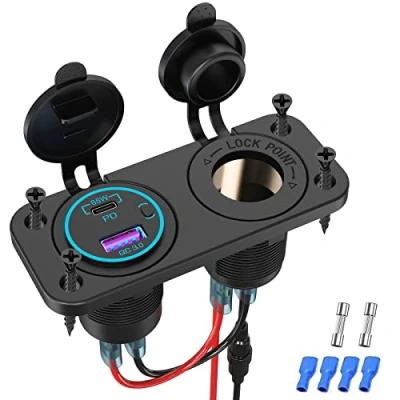 Immagine di USB C 65W Presa Accendisigari Pannello per Macbook: Doppio Caricabatteria Auto Incasso di Ricarica Adattatore con Interruttore 12V / 24 Volt Barca Camion Caravan Golf cart