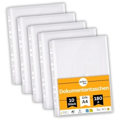 Immagine di perfect line 10 tasche porta documenti DIN A4, livello di riempimento 20 mm, buste chiare &amp; trasparenti, busta con lembo chiusura, chiusura in velcro bordo per l’archiviazione