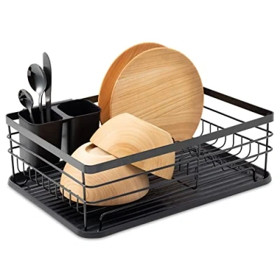 Immagine di Navaris Cestello Scolapiatti con Manici e Vassoio Anti Sgocciolamento Rastrelliera Asciuga Posate 41,5x30,5x14cm Scola Piatti Appoggio Cucina Nero