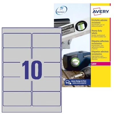 Immagine di Avery Italia L6012 20 Etichette adesive in poliestere argento resistenti, fogli A4, rettangolari 96x50,8mm, 10 etichetta per foglio, adesivo permanente, stampanti laser