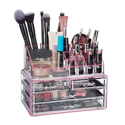 Immagine di Relaxdays Organizer Make up, Contenitore con Porta Rossetti 4 Cassetti Acrilico Beauty Box Salvaspazio, Trasparente Rosa, Righe 19 x 24 13,5 cm